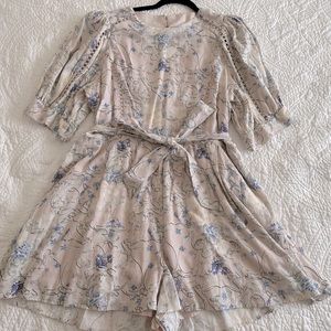 Express Floral Linen Blend Puff Shoulder Tie Waist Romper size XL